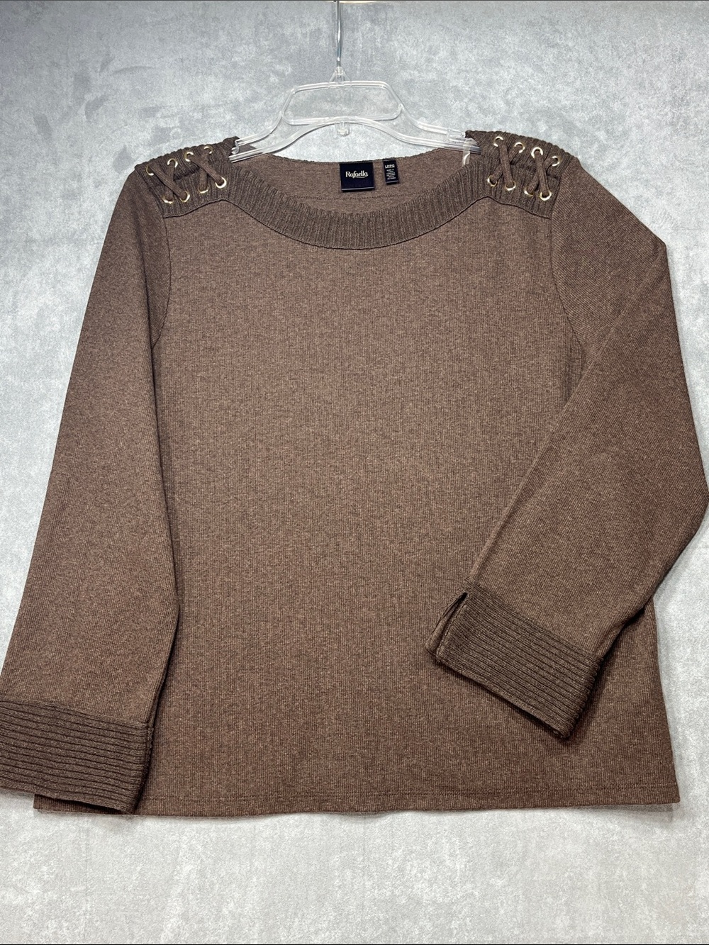 Rafaella Brown Lace Up Shoulder Cotton Blend Sweater Large Petite